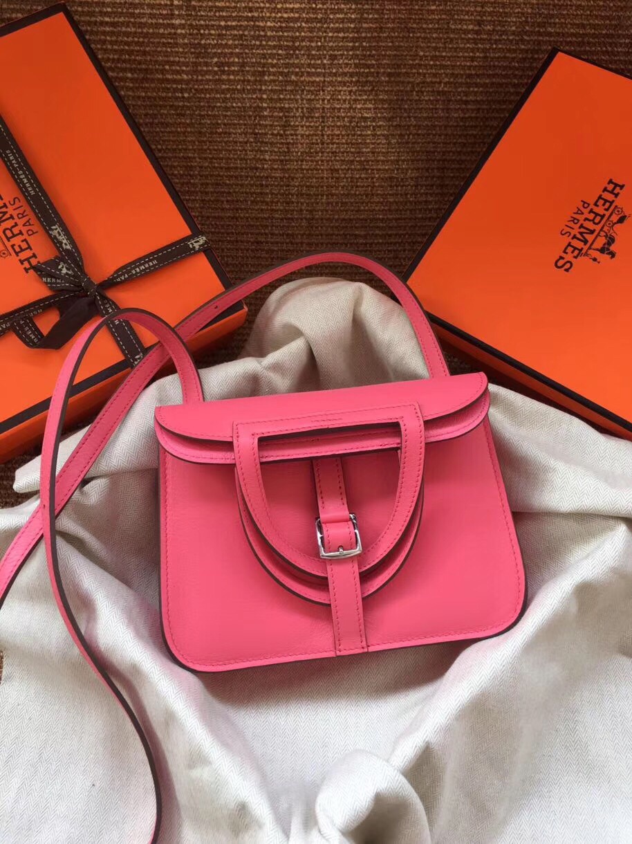 Hermes Mini Halzan 22 Handbag Shoulder Bag In Rose Pink Swift Leather